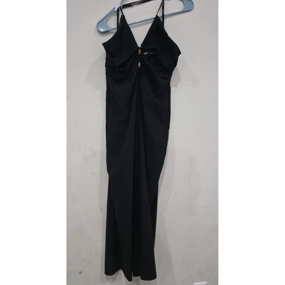 Zara Black Cutout Midi Dress Bamboo‎ Ring Halter Ruched XL